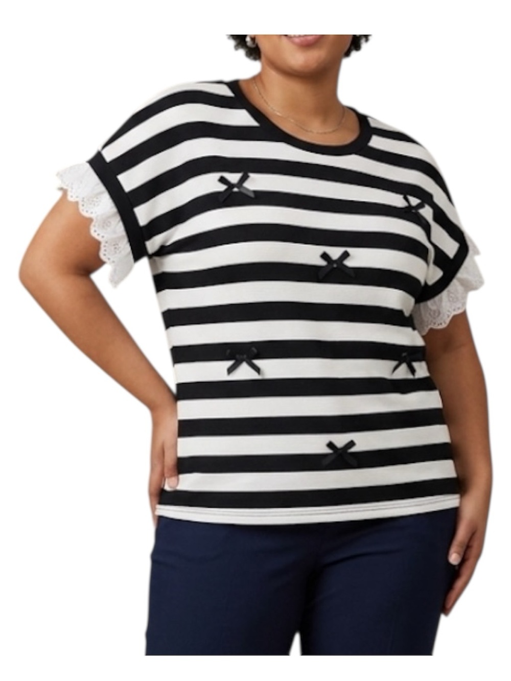 Oddi Striped Eyelet Lace Bow Top Black White Ribbed Short Sleeve Shirt NWT 1XL